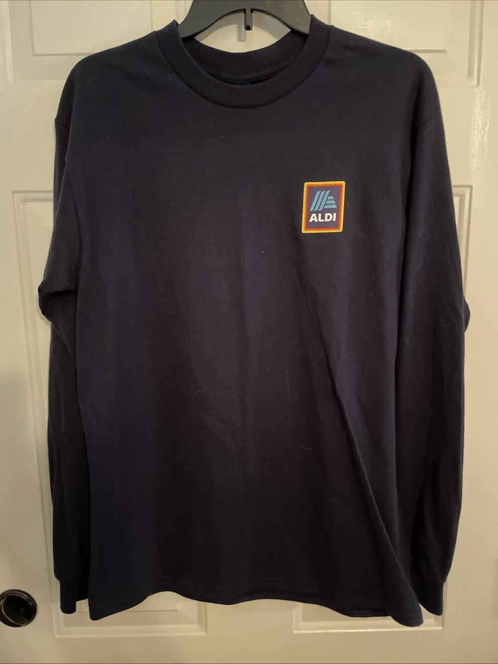 ALDI Employee Unisex Blue Long Sleeve Crew Neck Graphic Logo T-Shirt Medium New